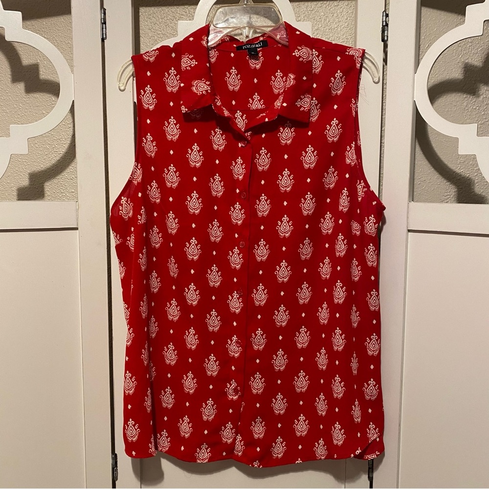 Roz & Ali Red Sleeveless Blouse with Mandarin Collar